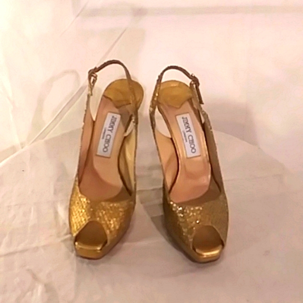 🔥🔥Jimmy Choo London Metallic Elaphe Gold Peep Toe Platform Heels